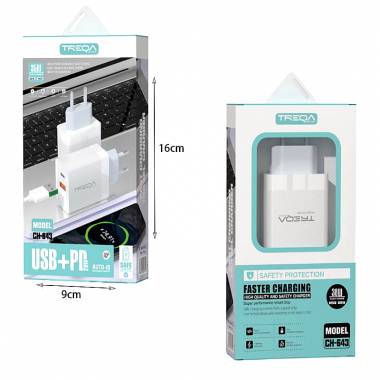 TREQA 20W γρήγορος φορτιστής κινητού Type-C USB+PD CH-643 – Fast charger