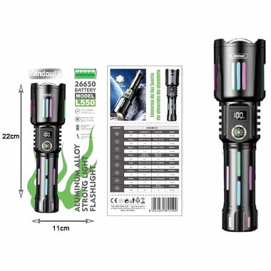 Andowl Επαναφορτιζόμενος Φακός Led 3200mAh με 5 λειτουργίες με δυνατότητα ζουμ L550 - Aluminum Alloy Strong Light Flashlight