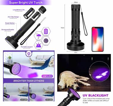 Φακός 100 LED με Ακτίνες UV Black Light Flashlight