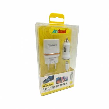 Andowl Σετ Αυτοκίνητου και Πρίζας με Θύρα USB-A και Καλώδιο Lightning Q-DC60C - Charger