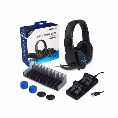 DOBE Σετ 5in1 PS4 με ακουστικά, βάση φόρτισης τηλεχειριστηρίων - 5in1 Game Pack for P-4 Series