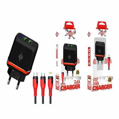 Wisdomup Φορτιστής Κινητού με 2 θύρες USB-C και καλώδιο δεδομένων Micro-USB 2.4A OCD-08V - Charger