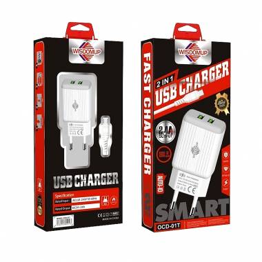 Wisdomup Φορτιστής Κινητού με 2 θύρες USB-C και καλώδιο δεδομένων Micro-USB 2.4A OCD-01V