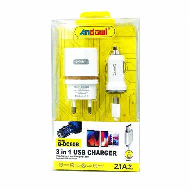 Andowl Σετ Αυτοκίνητου και Πρίζας με Θύρα USB-A και Καλώδιο USB-C Λευκός Q-DC60B