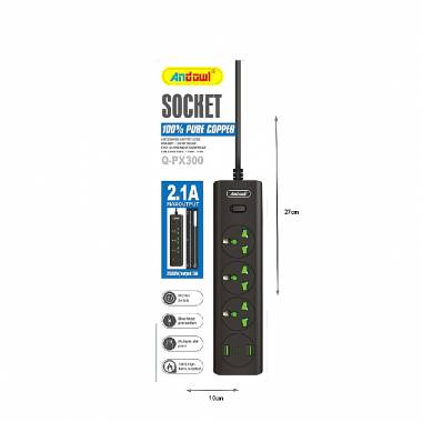 Andowl Πολύπριζο με Αγγλική Πρίζα 3 Θέσεων + 2 USB Θύρες με Διακόπτη Q-PX300 - Socket