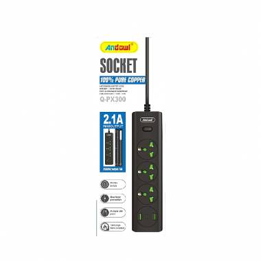 Andowl Πολύπριζο με Αγγλική Πρίζα 3 Θέσεων + 2 USB Θύρες με Διακόπτη Q-PX300 - Socket